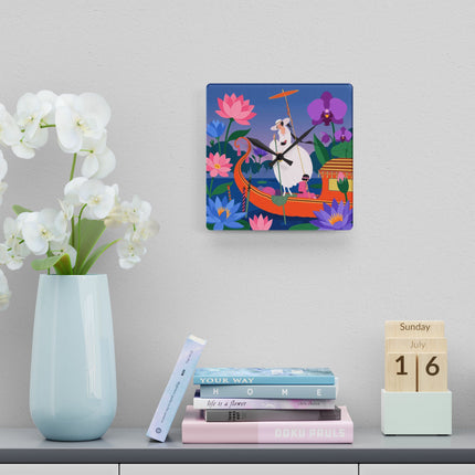 🪷🚣 The Lady Of The Lotus Lake Acrylic Wall Clock – Art Deco Botanical Fantasy