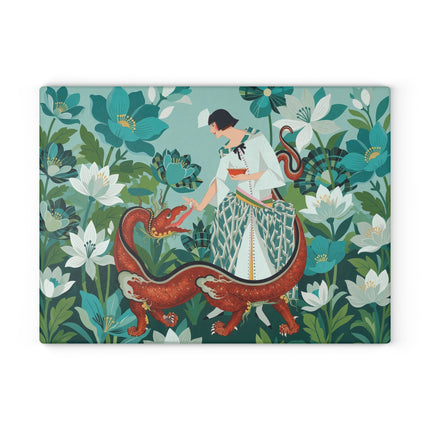🐉🌿 The Lady And The Crimson Dragon Glass Cutting Board – Art Deco Garden Fantasy