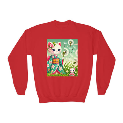 Geisha Kitten and the Dandelion Wish Youth Crewneck Sweatshirt – Gentle Magic, Dreams & Quiet Beauty