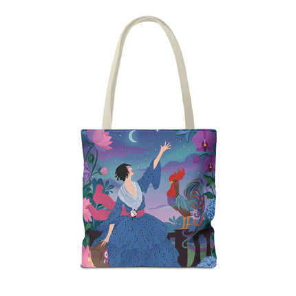 🌙🐓 The Lady Of The Moonlit Rooster Garden Tote Bag – Art Deco Floral Fantasy