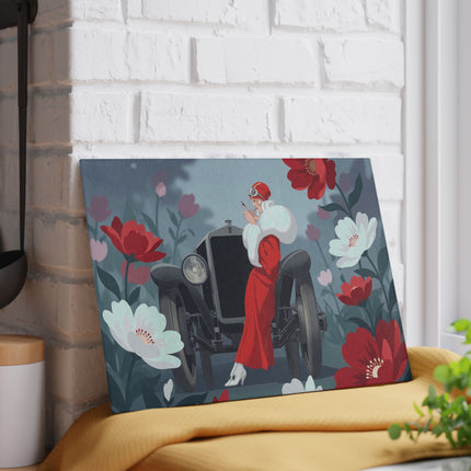 🚗🌺 The Lady Of The Scarlet Roadster Glass Cutting Board – Art Deco Motoring Elegance