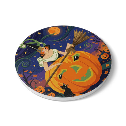 🧙‍♀️🎃 The Witch Of Pumpkin Moon Hollow Ceramic Coaster – Whimsical Halloween Magic