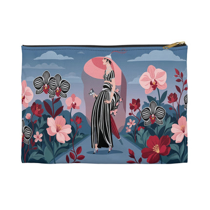 🌸🖤 The Striped Orchid Promenade Accessory Pouch – Art Deco Floral Fashion