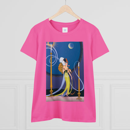 Smoke and Secrets: A Glamorous Encounter in Prohibition Era Women's Midweight Cotton Tee