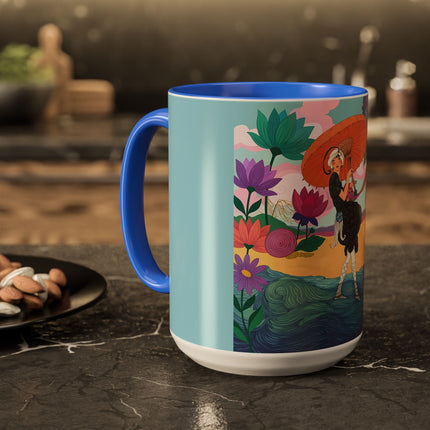 The Lady Of The Coral Parasol Colorful Mugs – Art Deco Coastal Elegance