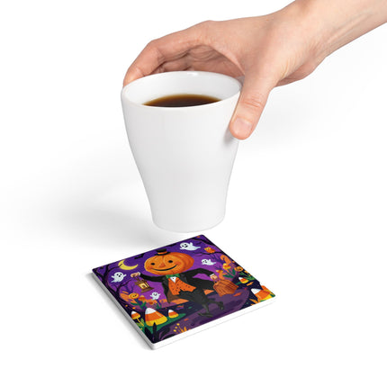 🎃🏮 The Pumpkin Gentleman’s Moonlit Stroll Ceramic Coaster – Whimsical Halloween Charm