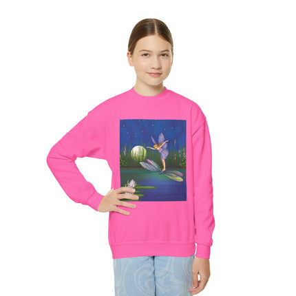 Fairy on a Dragonfly Youth Crewneck Sweatshirt – Enchanting Moonlit Fantasy
