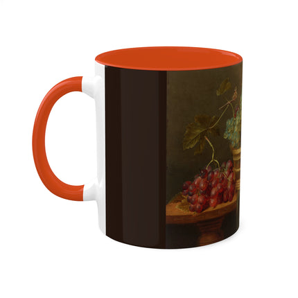 Basket of Grapes and a Pomegranate on a Table by Jacob van Hulsdonck Colorful Mugs, 11oz