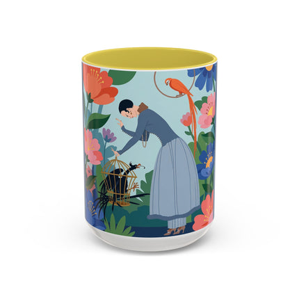 The Lady And The Mysterious Bird Colorful Mugs – Art Deco Botanical Mystery