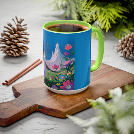 The Lady And The Moonlit Peak Colorful Mugs – Art Deco Alpine Garden Elegance