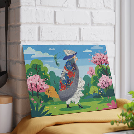 🦚🌸 The Peacock Garden Stroll Glass Cutting Board – Art Deco Fashion Elegance