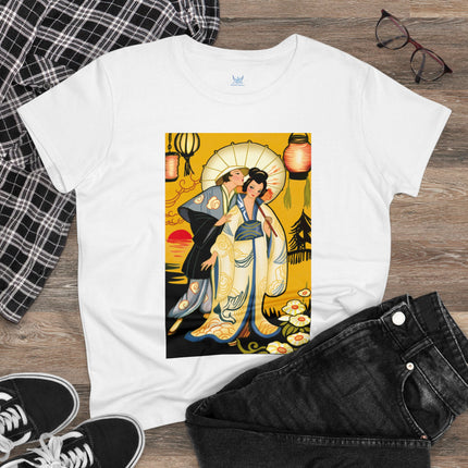 Golden Embrace: A Serene Moment of Love Women's Midweight Cotton Tee