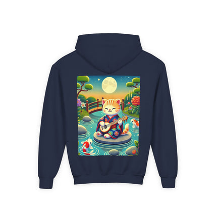 Melodic Kitten by the Koi Pond Youth Hooded Sweatshirt – Peaceful Harmony & Playful Music