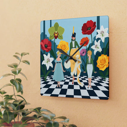 🌺🎩 The Lady And Children Of The Grand Flower Garden Acrylic Wall Clock – Art Deco Fashion Whimsy