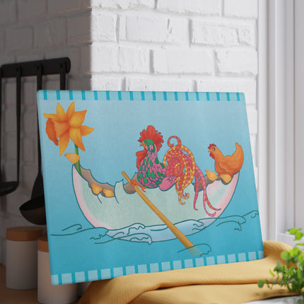A Rooster's Seafaring Adventure Glass Cutting Board