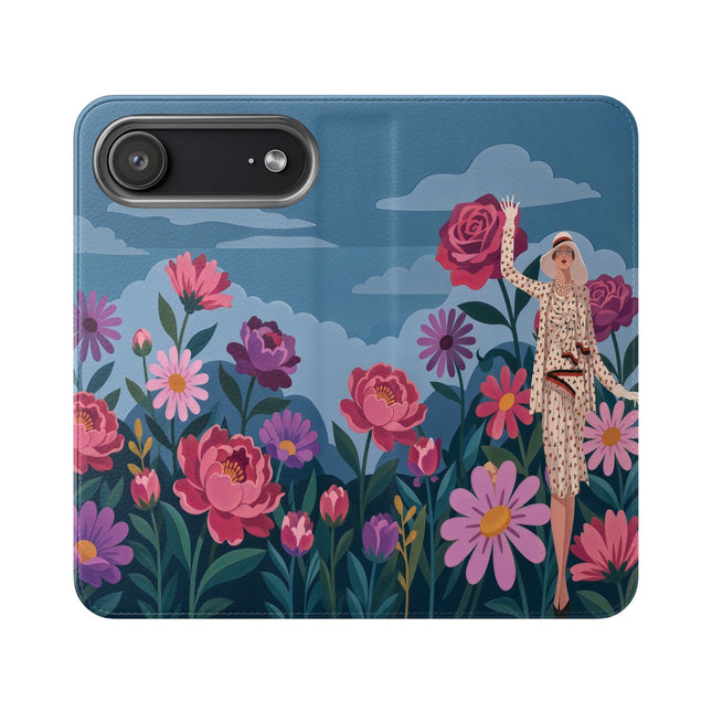 🌸☁️ The Lady Among The Giant Flowers Flip Case – Art Deco Floral Fantasy