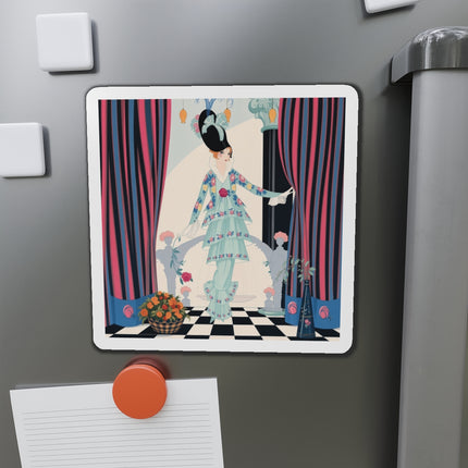 🌹🎭 The Lady Between The Curtains Die-Cut Magnets – Art Deco Floral Theatre