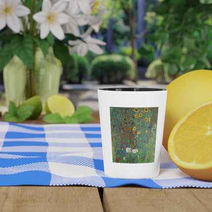 Farm Garden with Sunflowers by Gustav Klimt Ceramic Shot Glass