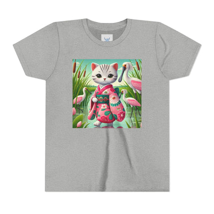 Geisha Kitten Strolls Among the Spoonbills Youth Short Sleeve Tee