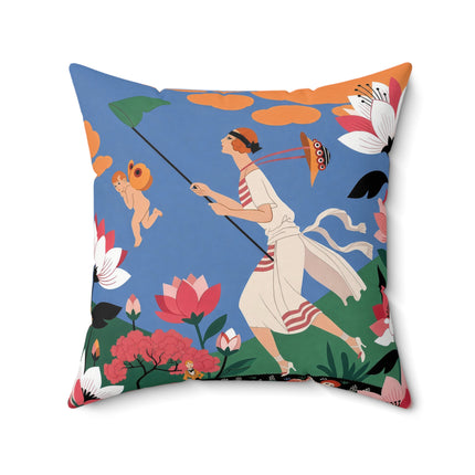 🪁🌺 The Lady Of The Flying Garden Square Pillow – Art Deco Floral Fantasy
