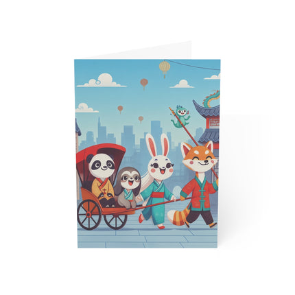 🐉🏮 The Dragon Rickshaw Parade Greeting Card – Whimsical Animal Adventure