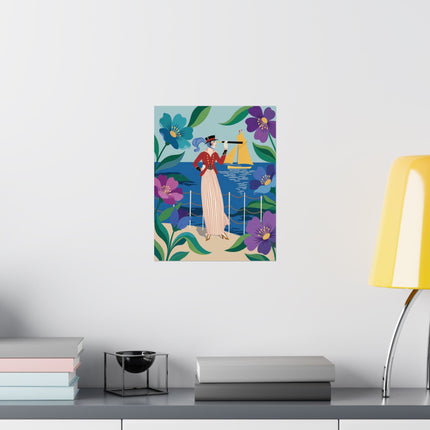🌊🔭 The Lady Of The Seaside Lookout Matte Vertical Poster – Art Deco Nautical Whimsy