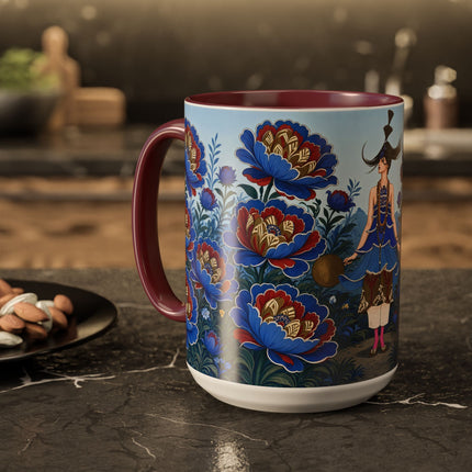 💙🌺 The Sapphire Blossom Garden Dancer Colorful Mug – Art Deco Fashion Fantasy