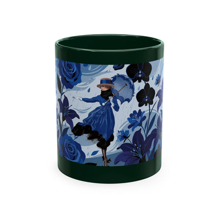 ☔💙 The Lady In The Blue Rain Garden Ceramic Mug – Art Deco Floral Elegance
