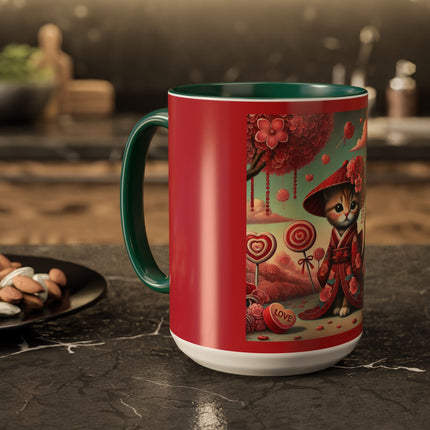 Whimsical Geisha Kitten in a Valentine Garden Colorful Mugs (11oz, 15oz)