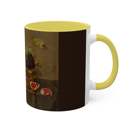 Basket of Grapes and a Pomegranate on a Table by Jacob van Hulsdonck Colorful Mugs, 11oz