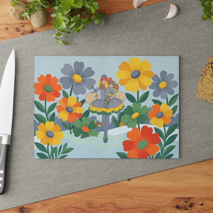 🌼❄️ The Lady Of The Winter Flower Garden Glass Cutting Board – Art Deco Holiday Fantasy