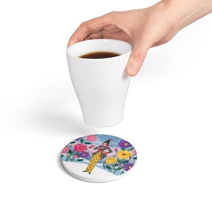 🐇🌸 The Lady With The White Rabbit Ceramic Coaster – Art Deco Floral Whimsy