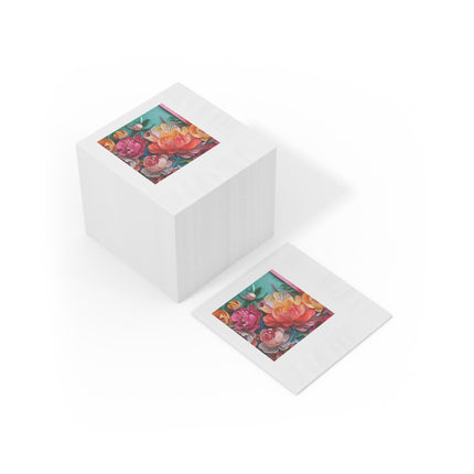 Peonies in Full Bloom White Coined Napkins