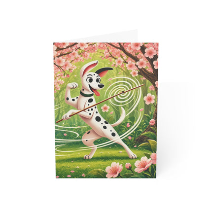 🌸🐕 The Cherry Blossom Staff Dancer Greeting Card – Whimsical Garden Adventure