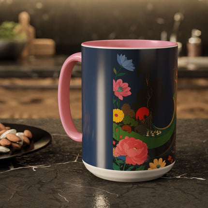 The Lady And The Crimson Moonbird Colorful Mugs – Art Deco Whimsical Garden Elegance