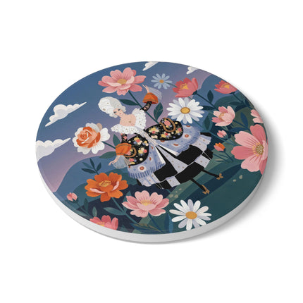 🌸🎀 The Grand Floral Promenade Ceramic Coaster – Art Deco Fashion Fantasy