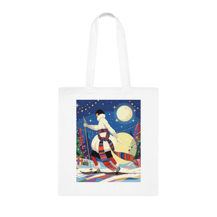 🎿🌙 The Moonlit Christmas Skier Cotton Tote Bag – Art Deco Holiday Adventure