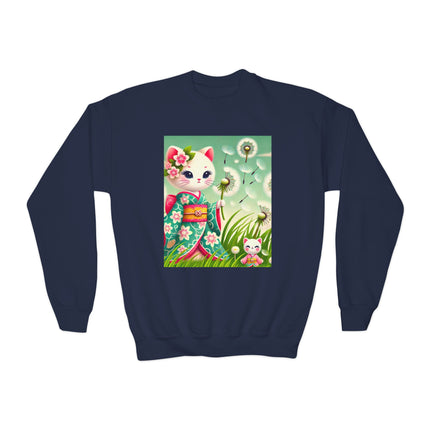 Geisha Kitten and the Dandelion Wish Youth Crewneck Sweatshirt – Gentle Magic, Dreams & Quiet Beauty