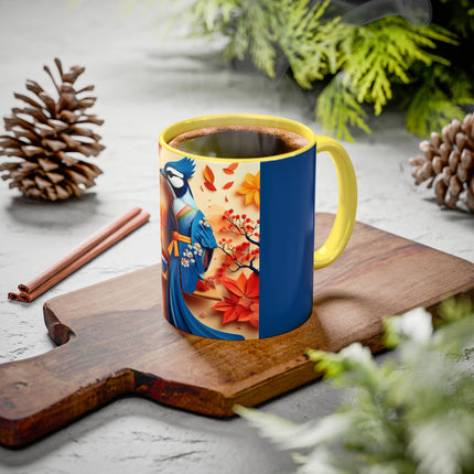 Blue Jay at an Autumn Tea Ceremony Colorful Mugs (11oz, 15oz)
