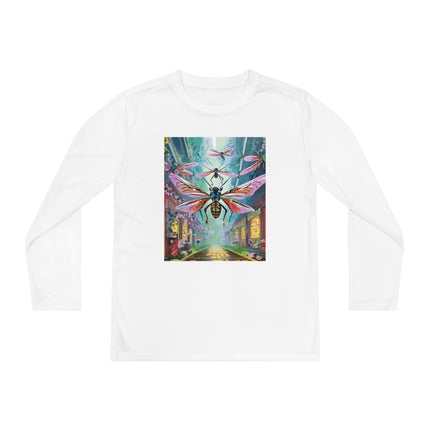 Neon Swarm Youth Long Sleeve Competitor Tee – Cyberpunk Flight & Futuristic Energy