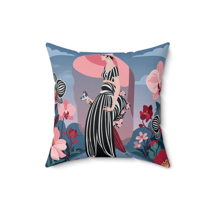 🖤🌸 The Lady Of The Striped Promenade Square Pillow – Art Deco Floral Elegance