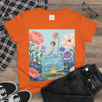 🌸🩵 The Blue Ruffle Garden Cotton Tee – Art Deco Floral Whimsy