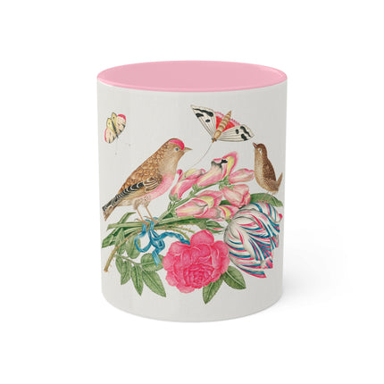 Pair of Brown Birds on Bouquet with Tulip, Rose, Snapdragons, and Butterflies by Anonymous Colorful Mugs, 11oz