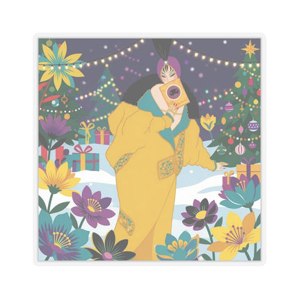💛🎄 The Lady Of The Golden Christmas Cloak Kiss-Cut Sticker – Art Deco Holiday Fantasy
