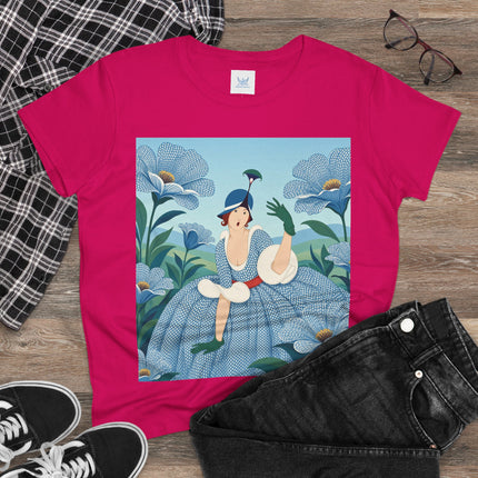 💙🌼 The Blue Blossom Garden Belle Cotton Tee – Art Deco Floral Whimsy