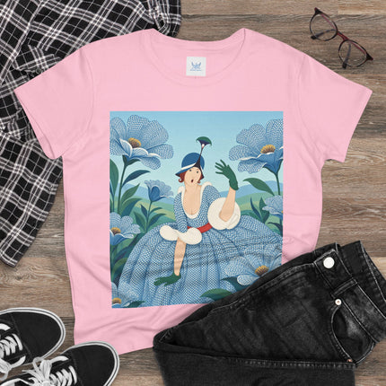 💙🌼 The Blue Blossom Garden Belle Cotton Tee – Art Deco Floral Whimsy