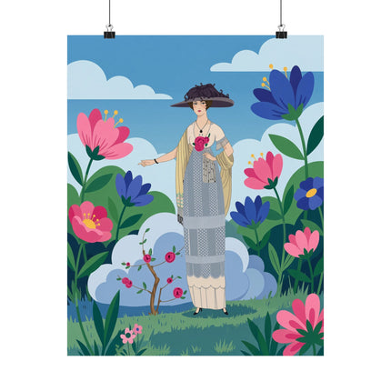 🌹🌤️ The Lady Of The Rose Garden Promenade Matte Vertical Poster – Art Deco Fashion Illustration