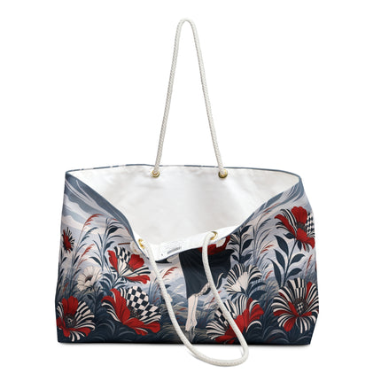 ☔🌹 The Scarlet Checkerboard Rainstorm Weekender Bag – Art Deco Floral Elegance
