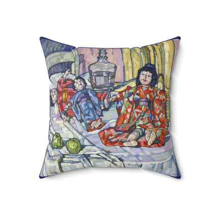 Japanese Dolls With Apples by Eugenie Bandell Spun Polyester Square Pillow