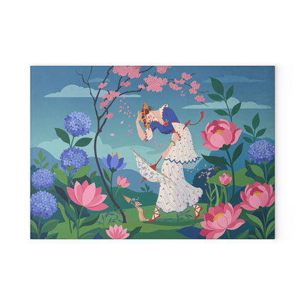 🌸☂️ The Lady Of The Falling Cherry Blossoms Glass Cutting Board – Art Deco Garden Fantasy